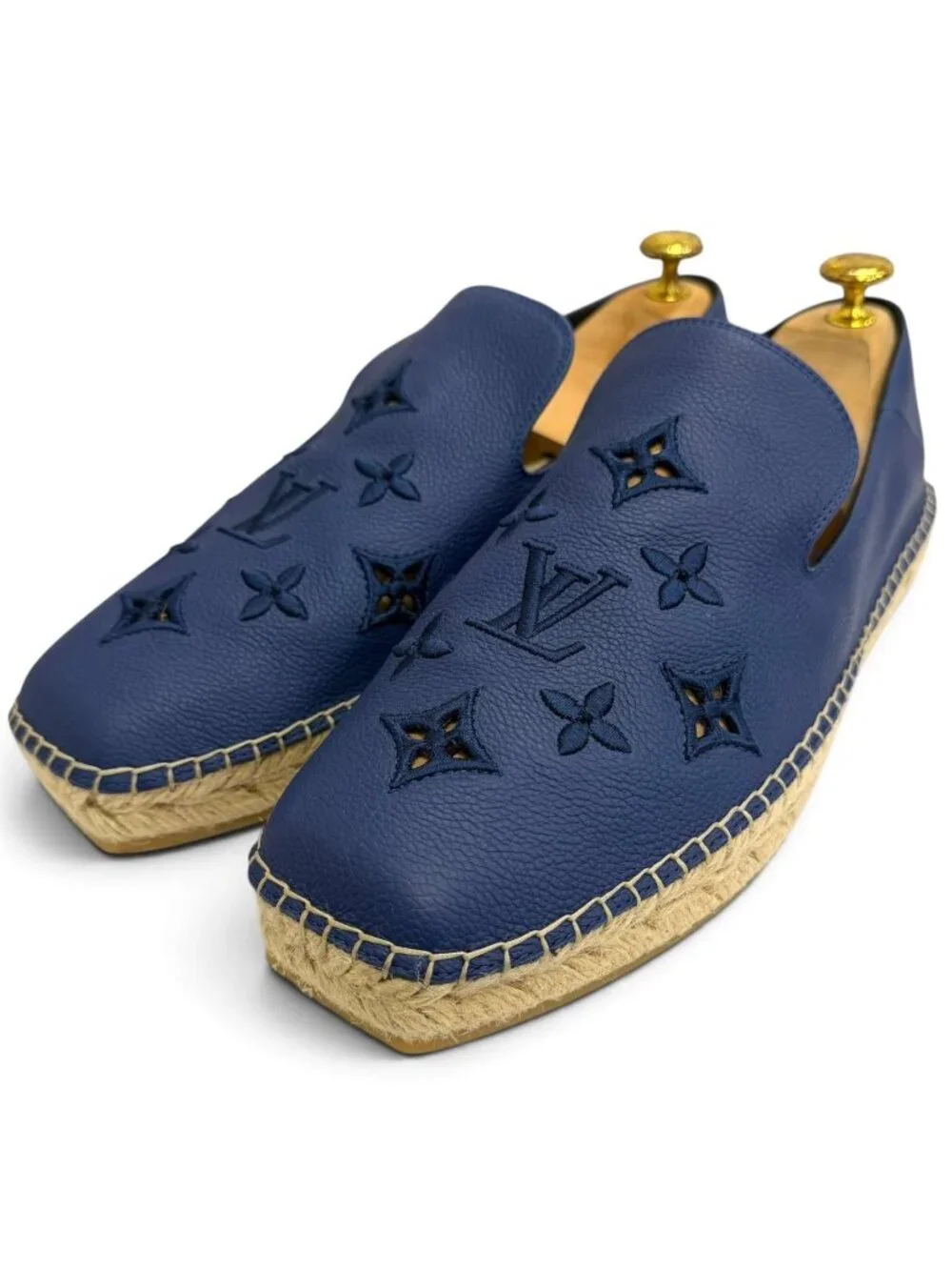 Louis Vuitton Leather Monogram Logo Embroidery Espadrilles Slip Ons Navy 8.5